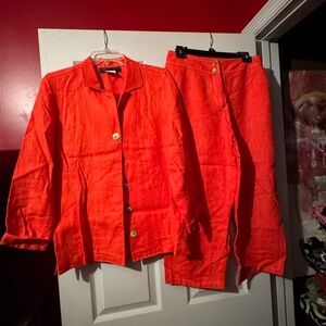 Vibrant Orange Women's Cropped Pants & Jacket Set